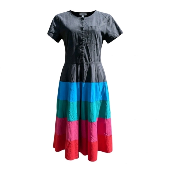 alicia Dresses & Skirts - Vintage 80s Colorblock Midi Dress Cotton Rainbow Button Up USA Size Small Alicia